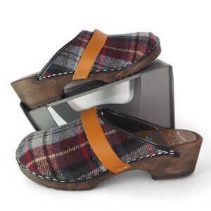 Moheda Toffeln Tartan Plaid Wooden Swedish Made Slip-on Clogs Women's 8.5/39